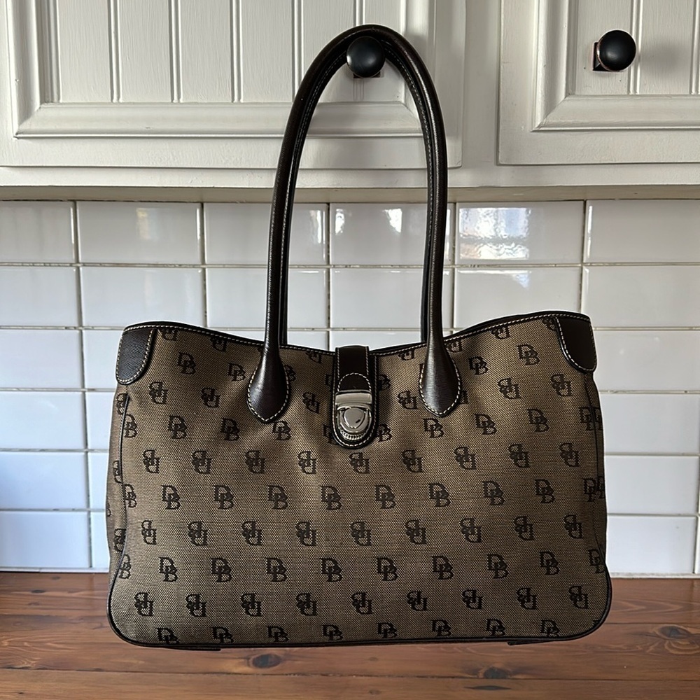 Dooney & Bourke Brown Signature Jacquard Tote Bag With Leather Trim